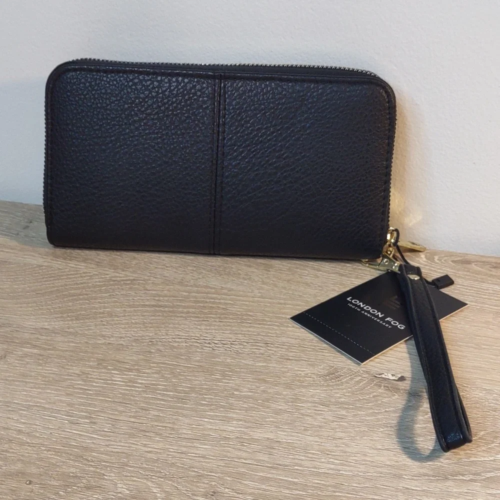 London Fog Adalia Black Pebble Zip Around Wallet NWT